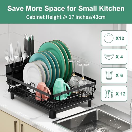 MOUKABAL Dish Drying Rack, Dish Rack, Stainless Steel Dish Racks for Kitchen Counter, Dish Drainer with Removable Utensil Holder, Drainboard (Black,13''W x 17''L) - My Kitchen Products