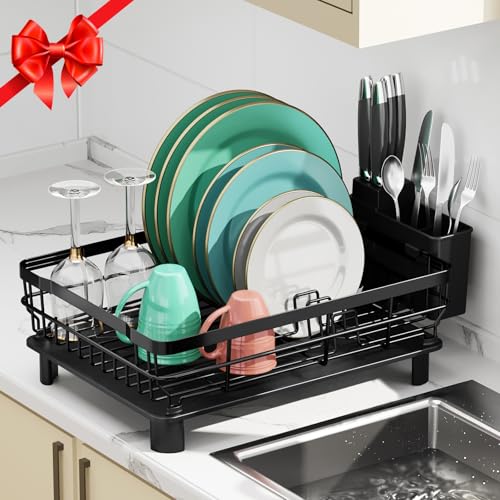 MOUKABAL Dish Drying Rack, Dish Rack, Stainless Steel Dish Racks for Kitchen Counter, Dish Drainer with Removable Utensil Holder, Drainboard (Black,13''W x 17''L) - My Kitchen Products