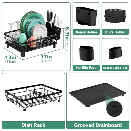 MOUKABAL Dish Drying Rack, Dish Rack, Stainless Steel Dish Racks for Kitchen Counter, Dish Drainer with Removable Utensil Holder, Drainboard (Black,13''W x 17''L) - My Kitchen Products