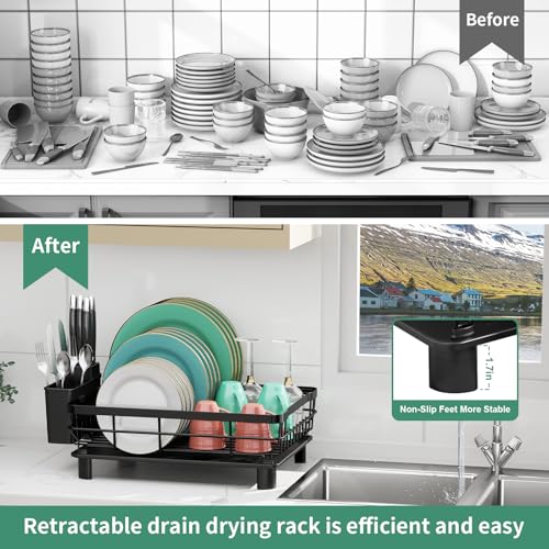 MOUKABAL Dish Drying Rack, Dish Rack, Stainless Steel Dish Racks for Kitchen Counter, Dish Drainer with Removable Utensil Holder, Drainboard (Black,13''W x 17''L) - My Kitchen Products