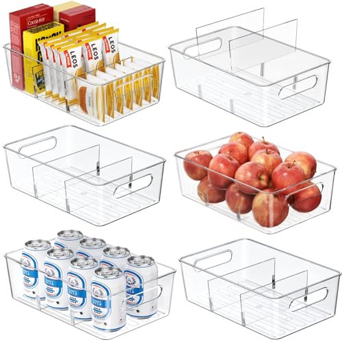 Mpotmiy 6 Pack Pantry Organizers and Storage,Clear Plastic Containers with 2 Dividers for Kitchen,Fridge Organization