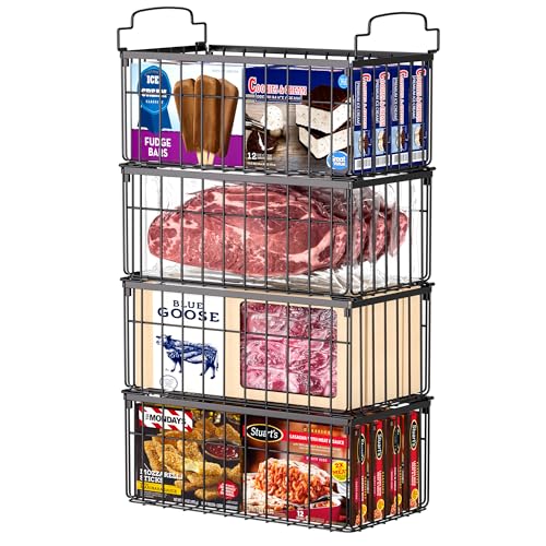 MSERCUOR Freezer Organizer Bins, 4 Pack Stackable Deep Chest Freezer Organizer Bins, Foldable Baskets with Handles, Black