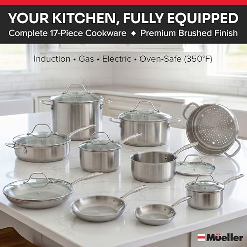 Mueller 17-Piece Stainless Steel Pots and Pans Set – Tri-Ply Ultra-Clad Pro Cookware Set, Induction Ready, Oven Safe, Even-Heat Aluminum Core, Includes Skillets, Saucepans, Dutch Oven, Stockpot - My Kitchen Products