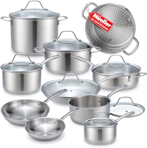Mueller 17-Piece Stainless Steel Pots and Pans Set – Tri-Ply Ultra-Clad Pro Cookware Set, Induction Ready, Oven Safe, Even-Heat Aluminum Core, Includes Skillets, Saucepans, Dutch Oven, Stockpot - My Kitchen Products