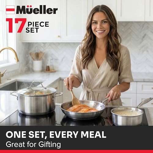 Mueller 17-Piece Stainless Steel Pots and Pans Set – Tri-Ply Ultra-Clad Pro Cookware Set, Induction Ready, Oven Safe, Even-Heat Aluminum Core, Includes Skillets, Saucepans, Dutch Oven, Stockpot - My Kitchen Products