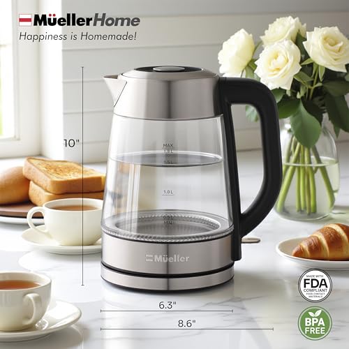 MUELLER HOME Rapid Boil Electric Tea Kettle 1.8L – Borosilicate Glass & Stainless Steel – BPA-Free Hot Water Boiler, LED Light, Auto Shut-Off, Boil Dry Protection Fast Water Heater, Kitchen Appliances - My Kitchen Products