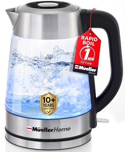 MUELLER HOME Rapid Boil Electric Tea Kettle 1.8L – Borosilicate Glass & Stainless Steel – BPA-Free Hot Water Boiler, LED Light, Auto Shut-Off, Boil Dry Protection Fast Water Heater, Kitchen Appliances - My Kitchen Products