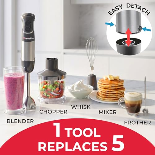 Mueller Multistick 5-in-1 Immersion Blender Handheld,12 Speed Hand Mixer-Turbo Boost,Heaviest Duty Copper Motor,Titanium reinforced Blades Hand Blender,Milk Frother Wand,Whisk,Beaker,Chopper,Grey - My Kitchen Products
