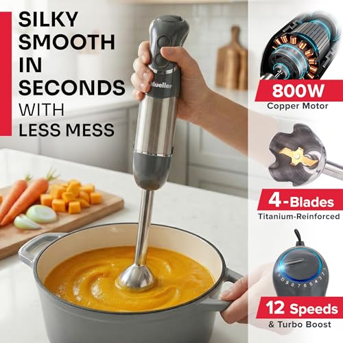 Mueller Multistick 5-in-1 Immersion Blender Handheld,12 Speed Hand Mixer-Turbo Boost,Heaviest Duty Copper Motor,Titanium reinforced Blades Hand Blender,Milk Frother Wand,Whisk,Beaker,Chopper,Grey - My Kitchen Products