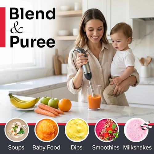 Mueller Multistick 5-in-1 Immersion Blender Handheld,12 Speed Hand Mixer-Turbo Boost,Heaviest Duty Copper Motor,Titanium reinforced Blades Hand Blender,Milk Frother Wand,Whisk,Beaker,Chopper,Grey - My Kitchen Products