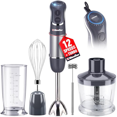 Mueller Multistick 5-in-1 Immersion Blender Handheld,12 Speed Hand Mixer-Turbo Boost,Heaviest Duty Copper Motor,Titanium reinforced Blades Hand Blender,Milk Frother Wand,Whisk,Beaker,Chopper,Grey - My Kitchen Products