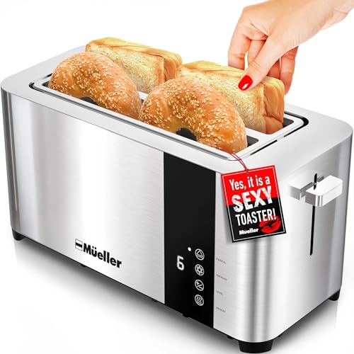 Mueller UltraToast Stainless Steel Toaster 4 Slice – Extra-Wide 1.6" Slots for Artisan Bread, Bagels & Frozen Waffles, 6 Browning Levels, LED Display, Cancel/Defrost/Reheat, Removable Crumb Tray - My Kitchen Products