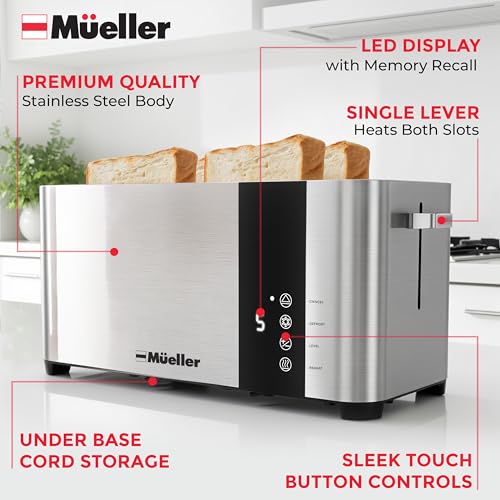 Mueller UltraToast Stainless Steel Toaster 4 Slice – Extra-Wide 1.6" Slots for Artisan Bread, Bagels & Frozen Waffles, 6 Browning Levels, LED Display, Cancel/Defrost/Reheat, Removable Crumb Tray - My Kitchen Products
