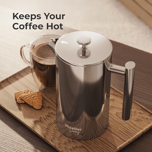 MuellerLiving French Press Coffee Maker 34oz, Stainless Steel French Press Coffee, 4 Filter Heat Resistant Double Insulated, Rust-Free, Food Grade, Dishwasher Safe Coffee Pot - My Kitchen Products