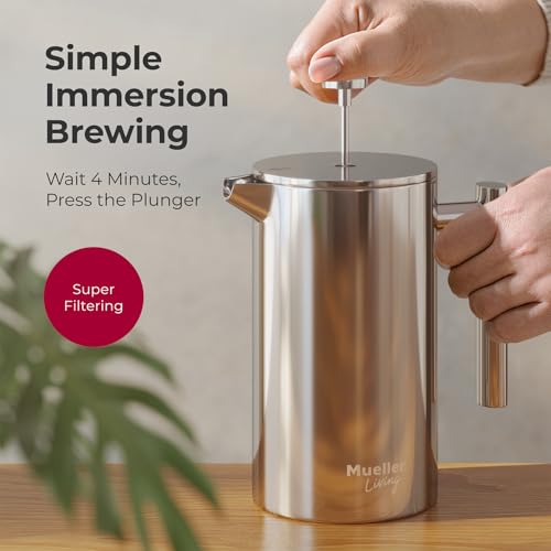 MuellerLiving French Press Coffee Maker 34oz, Stainless Steel French Press Coffee, 4 Filter Heat Resistant Double Insulated, Rust-Free, Food Grade, Dishwasher Safe Coffee Pot - My Kitchen Products