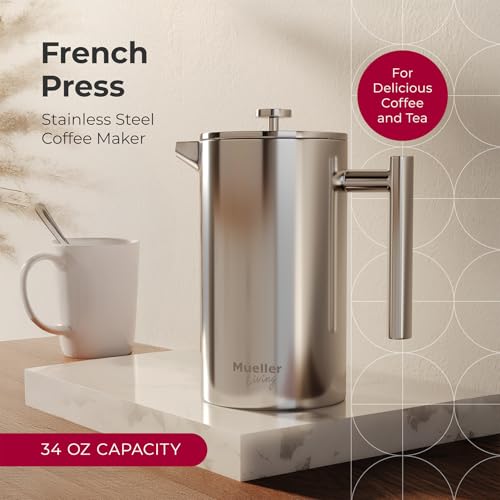 MuellerLiving French Press Coffee Maker 34oz, Stainless Steel French Press Coffee, 4 Filter Heat Resistant Double Insulated, Rust-Free, Food Grade, Dishwasher Safe Coffee Pot - My Kitchen Products