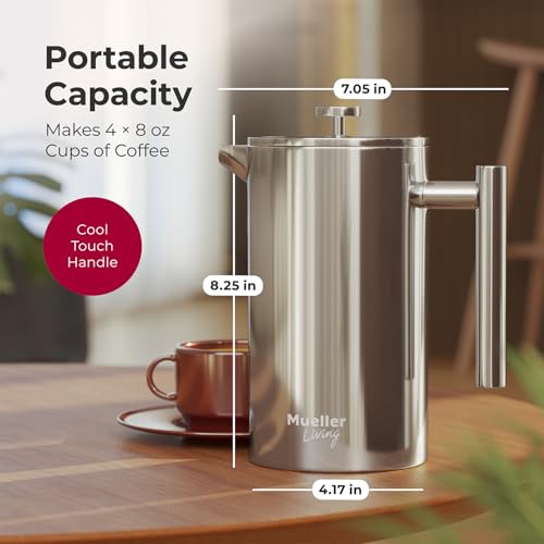 MuellerLiving French Press Coffee Maker 34oz, Stainless Steel French Press Coffee, 4 Filter Heat Resistant Double Insulated, Rust-Free, Food Grade, Dishwasher Safe Coffee Pot - My Kitchen Products