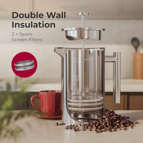 MuellerLiving French Press Coffee Maker 34oz, Stainless Steel French Press Coffee, 4 Filter Heat Resistant Double Insulated, Rust-Free, Food Grade, Dishwasher Safe Coffee Pot - My Kitchen Products