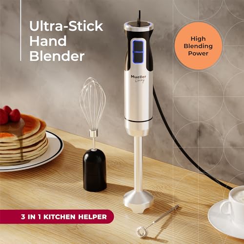 MuellerLiving Ultra-Stick Immersion Hand Blender, 500W Heavy Duty Motor, 8-Speed Turbo Setting, Includes Blending Shaft, Whisk, Milk Frother & Measuring Beaker - My Kitchen Products