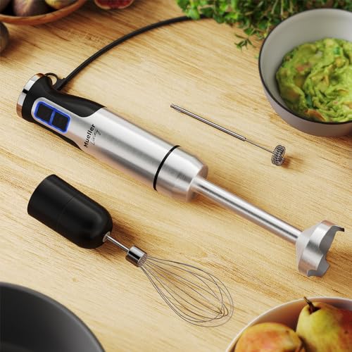 MuellerLiving Ultra-Stick Immersion Hand Blender, 500W Heavy Duty Motor, 8-Speed Turbo Setting, Includes Blending Shaft, Whisk, Milk Frother & Measuring Beaker - My Kitchen Products