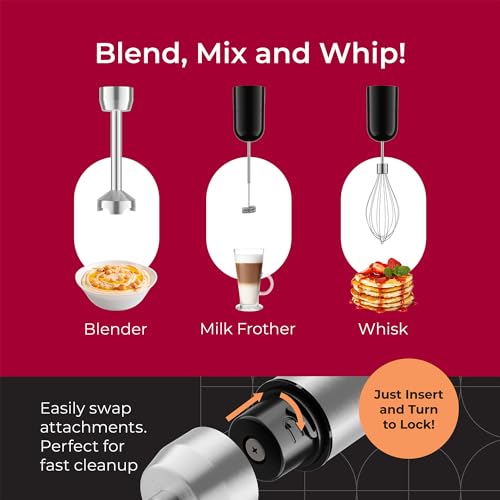 MuellerLiving Ultra-Stick Immersion Hand Blender, 500W Heavy Duty Motor, 8-Speed Turbo Setting, Includes Blending Shaft, Whisk, Milk Frother & Measuring Beaker - My Kitchen Products