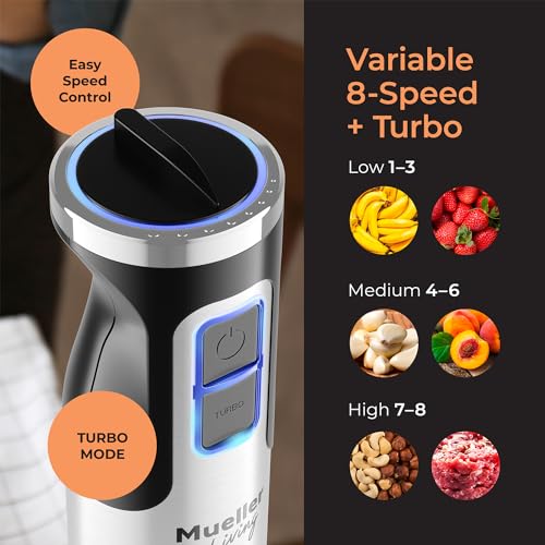 MuellerLiving Ultra-Stick Immersion Hand Blender, 500W Heavy Duty Motor, 8-Speed Turbo Setting, Includes Blending Shaft, Whisk, Milk Frother & Measuring Beaker - My Kitchen Products