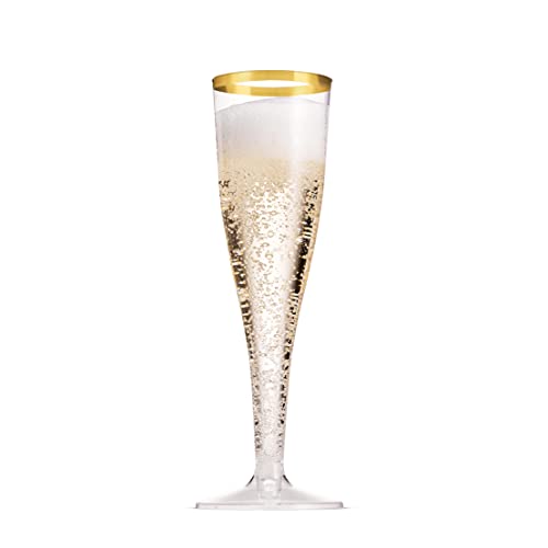 Munfix 100 Pack Gold Plastic Champagne Flutes, 5 Oz Clear Plastic Toasting Glasses Fancy Disposable Wedding Party Cocktail Cups with Gold Rim - My Kitchen Products
