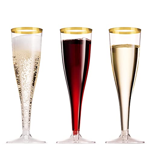 Munfix 100 Pack Gold Plastic Champagne Flutes, 5 Oz Clear Plastic Toasting Glasses Fancy Disposable Wedding Party Cocktail Cups with Gold Rim - My Kitchen Products
