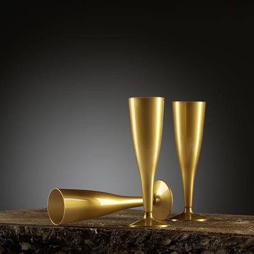 Munfix 30 Pack Gold Plastic Champagne Flutes - 5 Oz Disposable Toasting Glasses - Wedding Party Cocktail Mimosa Plastic Cups - My Kitchen Products