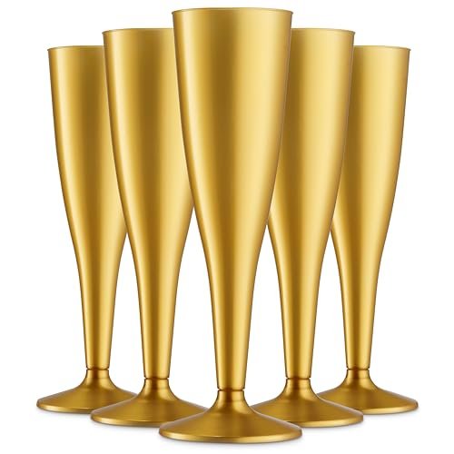 Munfix 30 Pack Gold Plastic Champagne Flutes - 5 Oz Disposable Toasting Glasses - Wedding Party Cocktail Mimosa Plastic Cups