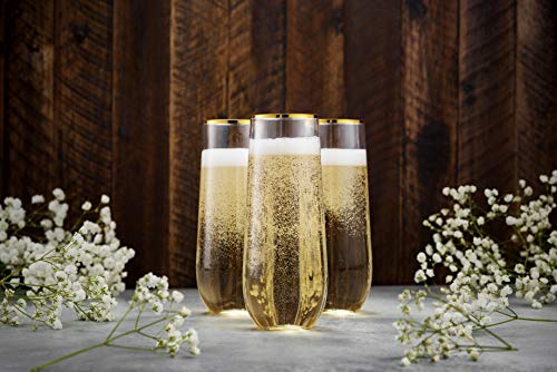 Munfix 48 Pack Stemless Plastic Champagne Flutes Disposable 9 Oz Gold Rim Clear Plastic Toasting Glasses Shatterproof Recyclable and BPA-Free - My Kitchen Products