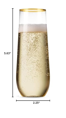 Munfix 48 Pack Stemless Plastic Champagne Flutes Disposable 9 Oz Gold Rim Clear Plastic Toasting Glasses Shatterproof Recyclable and BPA-Free - My Kitchen Products