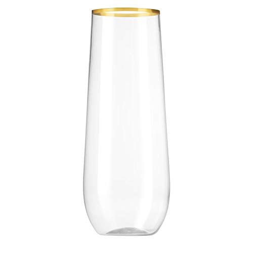 Munfix 48 Pack Stemless Plastic Champagne Flutes Disposable 9 Oz Gold Rim Clear Plastic Toasting Glasses Shatterproof Recyclable and BPA-Free - My Kitchen Products
