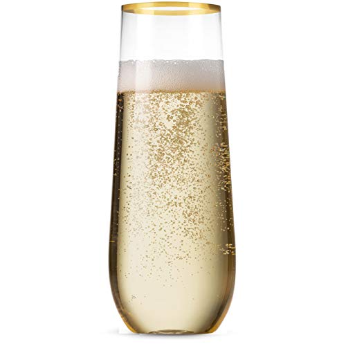 Munfix 48 Pack Stemless Plastic Champagne Flutes Disposable 9 Oz Gold Rim Clear Plastic Toasting Glasses Shatterproof Recyclable and BPA-Free - My Kitchen Products