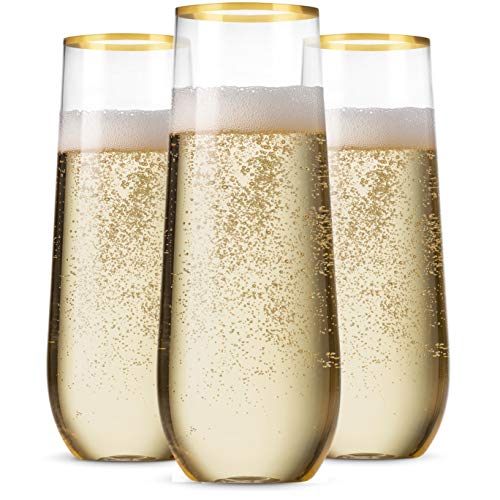 Munfix 48 Pack Stemless Plastic Champagne Flutes Disposable 9 Oz Gold Rim Clear Plastic Toasting Glasses Shatterproof