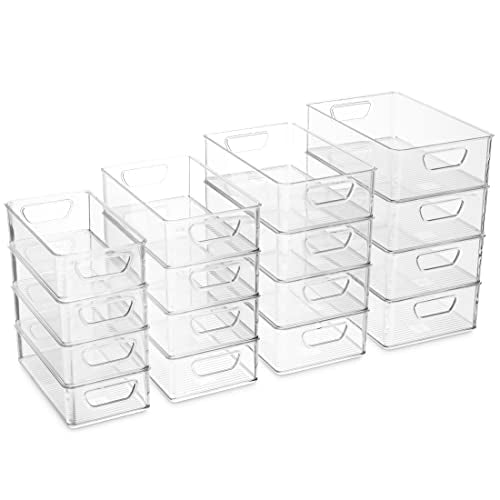 Munfix Set Of 16 Refrigerator Organizer Bins - Plastic Pantry Organization and Storage Baskets - Stackable Food Fridge Organizers with Cutout Handles for Freezer, Kitchen, Countertops, Cabinets - My Kitchen Products