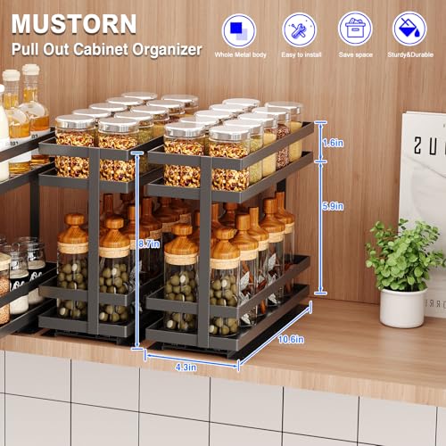 Mustorn 2 Pack Pull Out Spice Rack Organizer for Cabinet, 2 Tier Metal Slide Out Seasoning Organizer and Storage Heavy Duty Vertical Spice Rack Shelf Pullout for Kitchen Cabinets No Drilling (Black) - My Kitchen Products