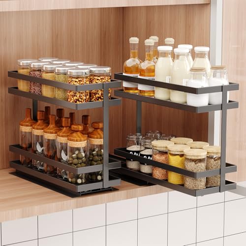 Mustorn 2 Pack Pull Out Spice Rack Organizer for Cabinet, 2 Tier Metal Slide Out Seasoning Organizer and Storage Heavy Duty Vertical Spice Rack Shelf Pullout for Kitchen Cabinets No Drilling (Black) - My Kitchen Products