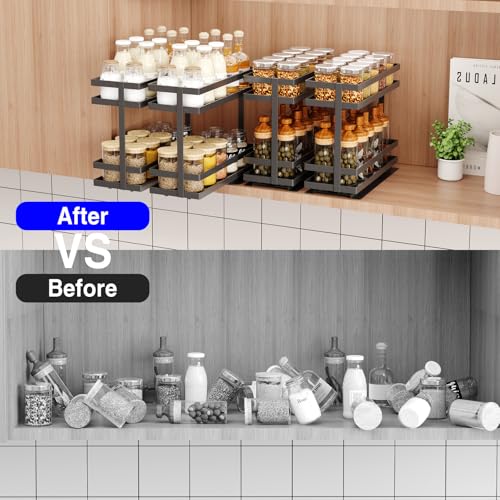 Mustorn 2 Pack Pull Out Spice Rack Organizer for Cabinet, 2 Tier Metal Slide Out Seasoning Organizer and Storage Heavy Duty Vertical Spice Rack Shelf Pullout for Kitchen Cabinets No Drilling (Black) - My Kitchen Products
