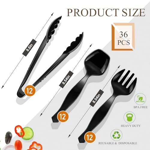 Mwellewm 36Pcs Plastic Serving Utensils Set Large Disposable Serving Spoons Forks Tongs for Serving Food 8.5'' Heavy Duty Black Large Party Utensils Supplies for Buffet Restaurant Dinner Salad Soup - My Kitchen Products