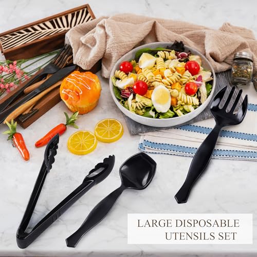 Mwellewm 72Pcs Plastic Serving Utensils Set Large Disposable Serving Spoons Fork and Tongs for Serving Food 8.5'' Heavy Duty Black Party Utensil Supplies for Buffet Restaurant Picnic Dinner Salad Soup - My Kitchen Products