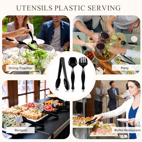 Mwellewm 72Pcs Plastic Serving Utensils Set Large Disposable Serving Spoons Fork and Tongs for Serving Food 8.5'' Heavy Duty Black Party Utensil Supplies for Buffet Restaurant Picnic Dinner Salad Soup - My Kitchen Products