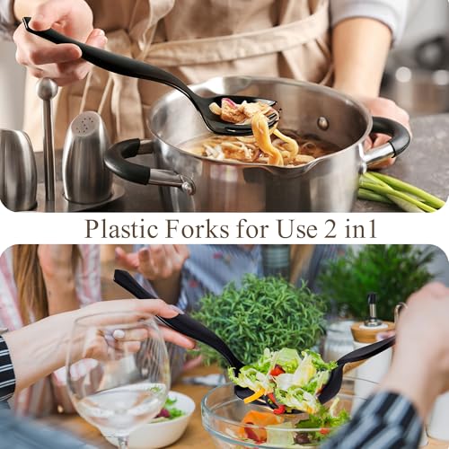 Mwellewm 72Pcs Plastic Serving Utensils Set Large Disposable Serving Spoons Fork and Tongs for Serving Food 8.5'' Heavy Duty Black Party Utensil Supplies for Buffet Restaurant Picnic Dinner Salad Soup - My Kitchen Products