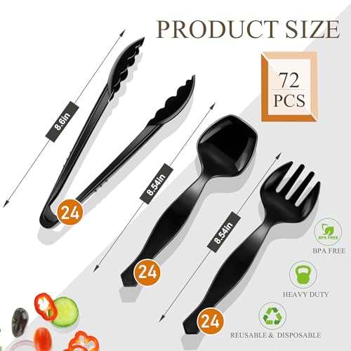 Mwellewm 72Pcs Plastic Serving Utensils Set Large Disposable Serving Spoons Fork and Tongs for Serving Food 8.5'' Heavy Duty Black Party Utensil Supplies for Buffet Restaurant Picnic Dinner Salad Soup - My Kitchen Products