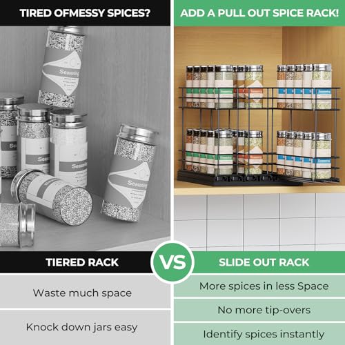 Mystozer Pull Out Spice Rack Organizer for Cabinet, Slide Out Spice Racks, Easy to Install Spice Cabinet Organizers, 7.4" Wx10.43 Dx8.26 H, 3 Drawers 2 Tiers(Black) - My Kitchen Products