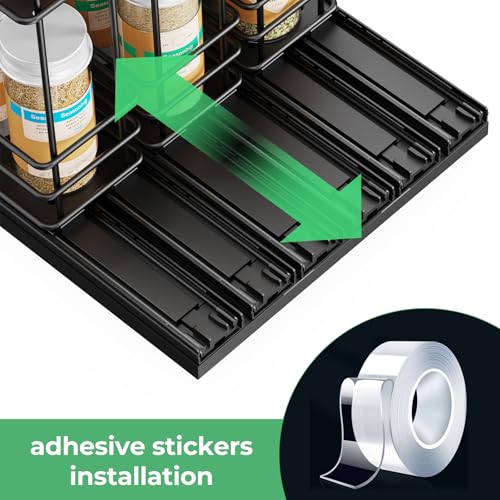Mystozer Pull Out Spice Rack Organizer for Cabinet, Slide Out Spice Racks, Easy to Install Spice Cabinet Organizers, 7.4" Wx10.43 Dx8.26 H, 3 Drawers 2 Tiers(Black) - My Kitchen Products
