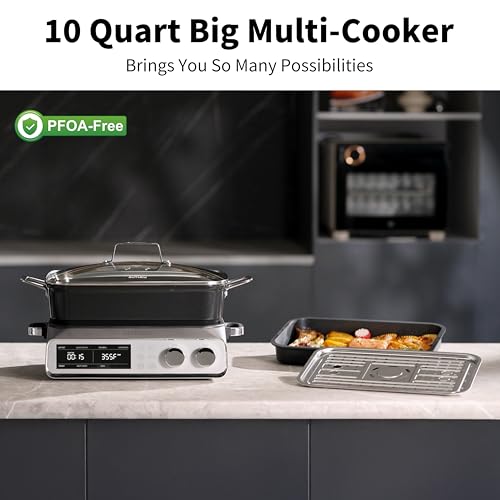 N21NA Pro Slow Cooker 10 Quart, 8-in-1 Programmable PFOA-Free Ceramic Coated Multi-Cooker with Grill Pan, Steaming Plate (Includes Silicone Spoon & Tongs) - My Kitchen Products