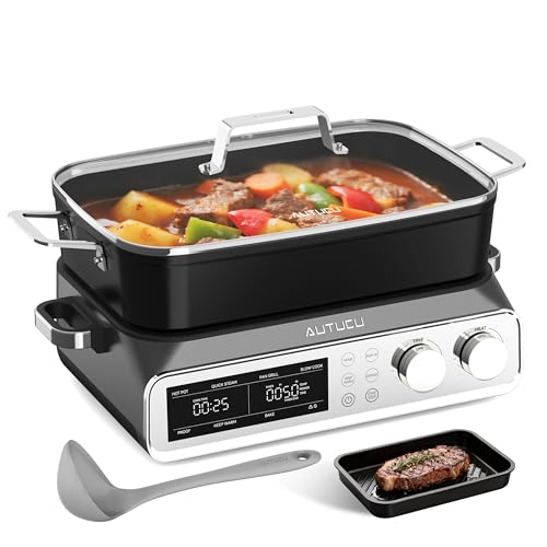 N21NA Pro Slow Cooker 10 Quart, 8-in-1 Programmable PFOA-Free Ceramic Coated Multi-Cooker with Grill Pan, Steaming Plate (Includes Silicone Spoon & Tongs) - My Kitchen Products