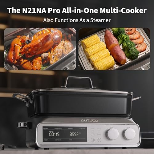 N21NA Pro Slow Cooker 10 Quart, 8-in-1 Programmable PFOA-Free Ceramic Coated Multi-Cooker with Grill Pan, Steaming Plate (Includes Silicone Spoon & Tongs) - My Kitchen Products