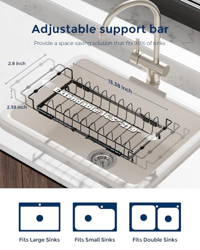 Nacial 2-in-1 Small Dish Drying Rack Fits 14''–21.8'' Sink, Dish Drainers for Kitchen Counter Extend Kitchen Sink Drain Basket with Utensil Holder & Auto-Drain Tray, Stainless Steel Plate Rack, Black - My Kitchen Products